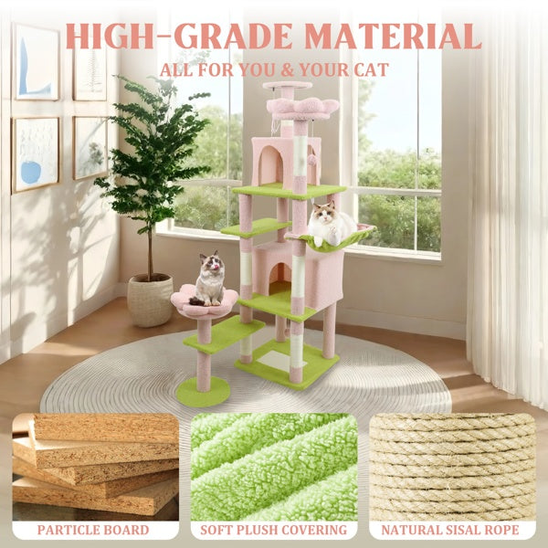 71 Inch Flower Cat Tree With Large Condo Removable Flower Cushion And Hammock Pink - 5 - CJ