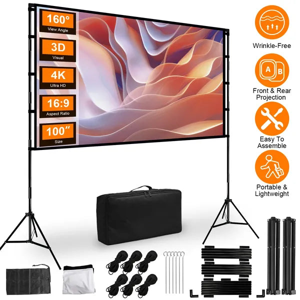 100inch/120inch Options Projector Screen With Stand 16:9 4K HD Rear Front Wrinkle - Free Portable And Foldable Movie Screen With Carry Bag For Indoor Outdoor Home Theater Backyard Cinema - 5 - CJ