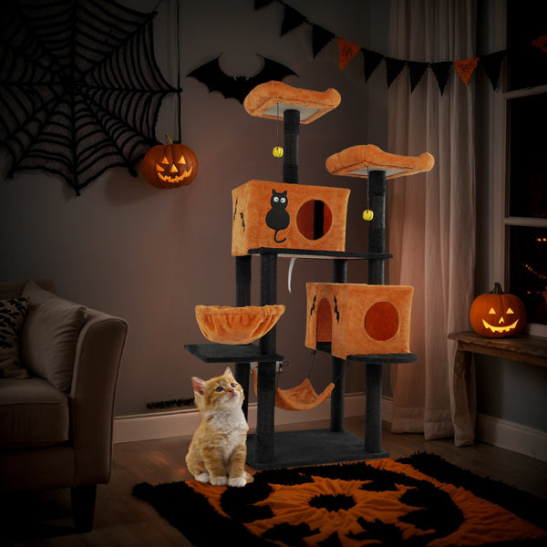 Halloween Cat Tree, Large Cat Tower With 2 Spacious Cat Condos, 2 Padded Perches, 2 Hammocks, Scratching Posts, Hanging Toy, Multi - Level Cat Activities Furniture For Large Cats, Orange & Black - 5 - CJ