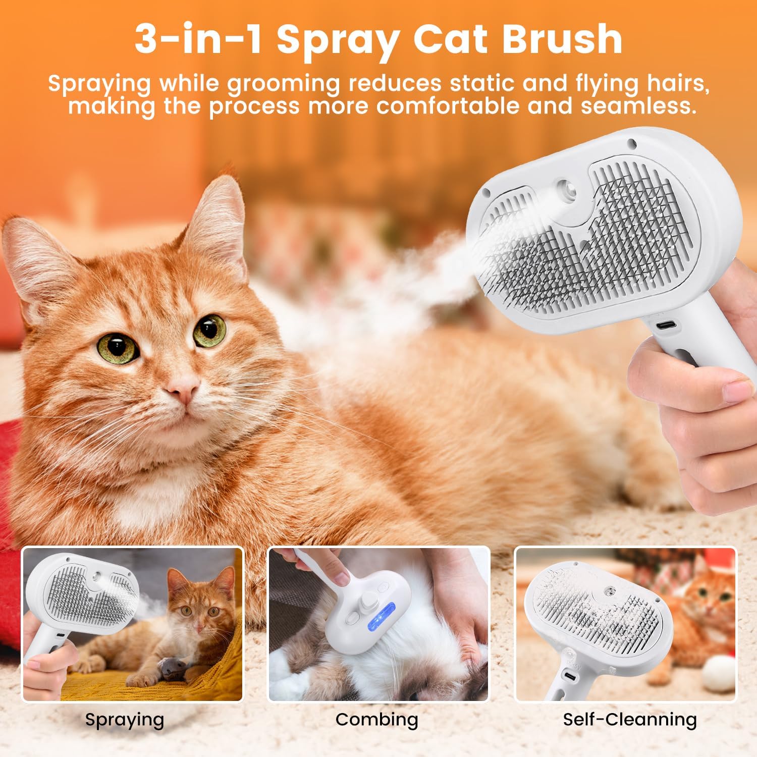 3 In 1 Cat Steam Brush, Pet Steam Brush For Cat Dog Long Short Haired, Pet Spray Hair Removal Comb For Small Animals Shedding & Grooming, Water Mist Spray Brushes With Release Button - 5 - CJ