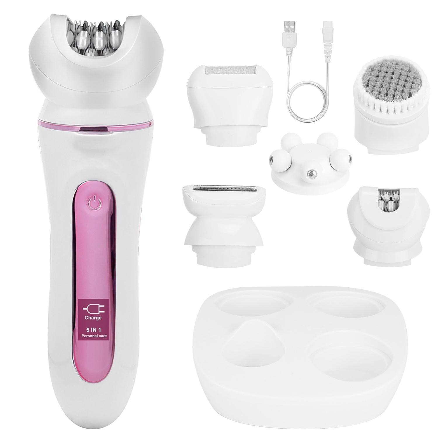 1Pc 5 In 1 Electric Body Epilator Rechargeable Women's Grooming Kit Epilator Shaver Facial Brush Callus Remover 5 Point Massager With LED Light LED Display Charging Base - 5 - CJ