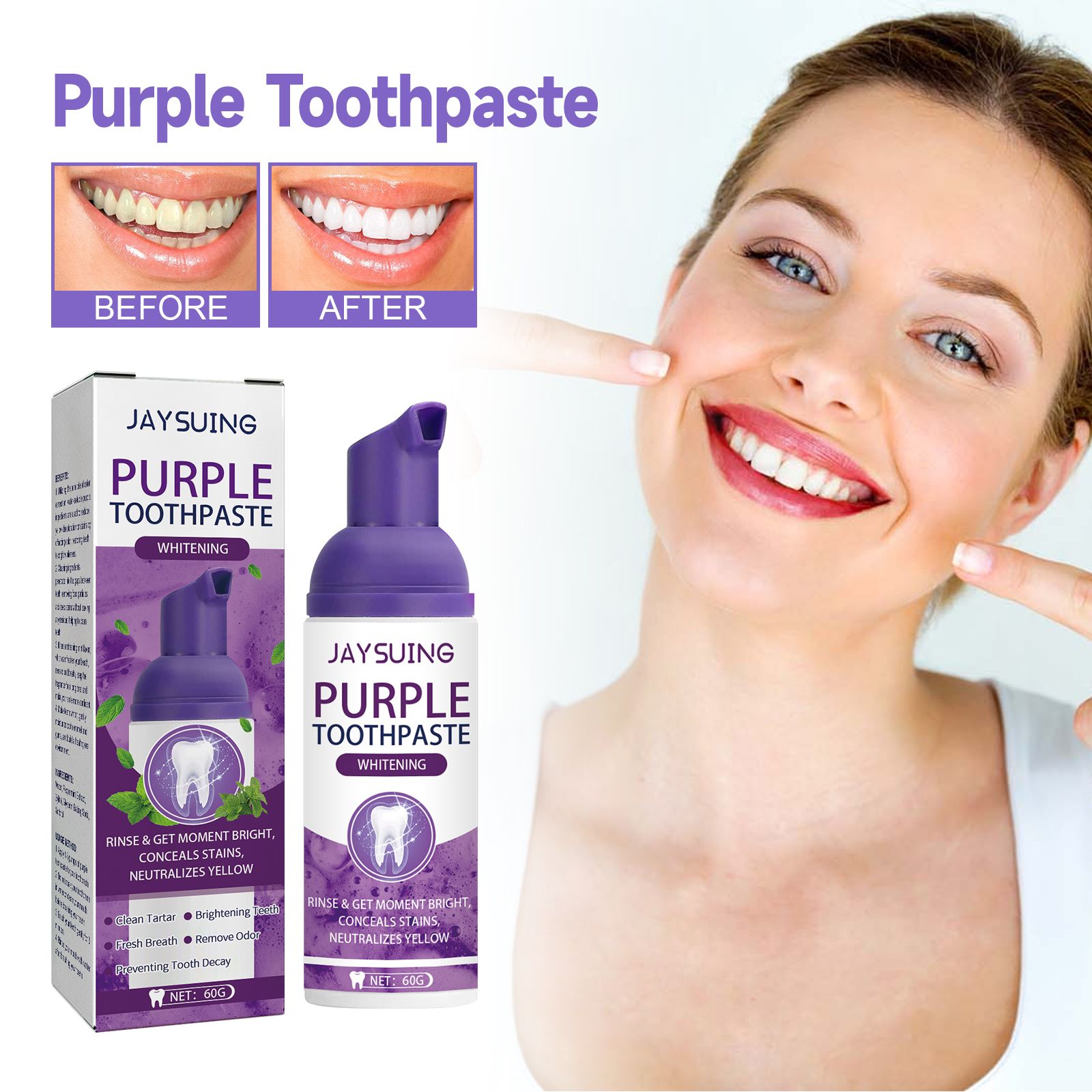 Jaysuing Purple Tooth Whitening Toothpaste Brightens Teeth, Cleanses Stains, Diminishes Odors, And Beauties Teeth Toothpaste - 5 - CJ