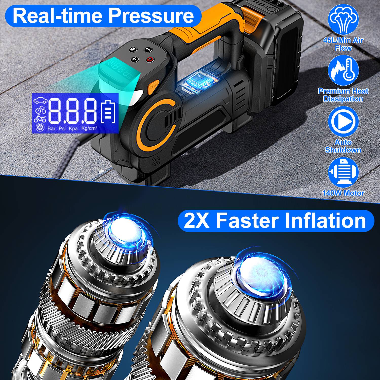 1Pc 140W 150PSI 21V Battery Powered Tire Inflator Cordless Air Inflator Digital Air Compressor With LED Light For Cars Motorcycles Bicycles Balls - 5 - cjdropshipping