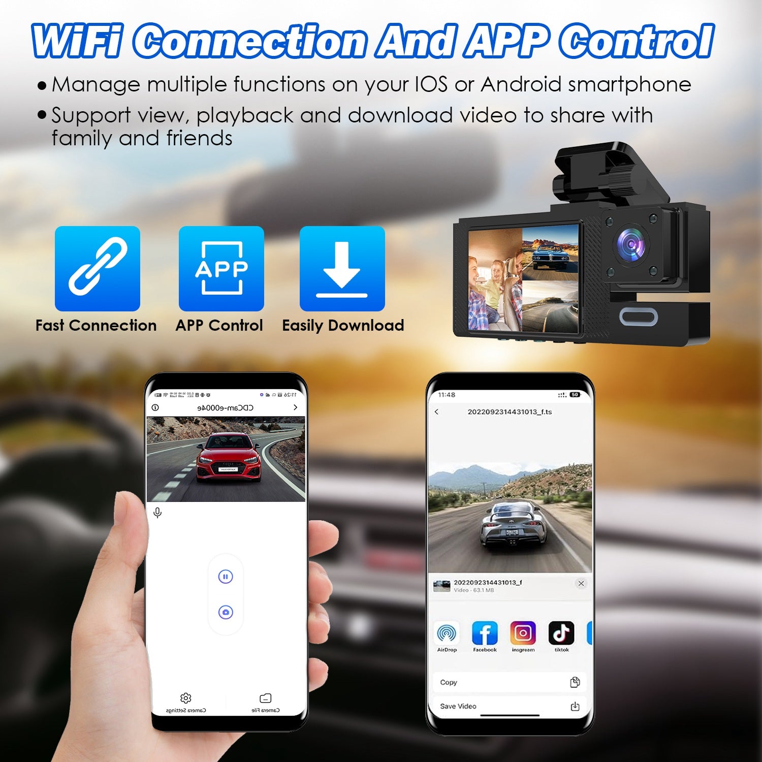 1Pc WiFi FHD 1080P Car Dash Cam 3 Channels Front Rear Inside Dash Camera With Loop Recording Reversing Image Night Vision 170 Degree Wide Angle Support 64G MMC Card Included - 5.0 - CJ