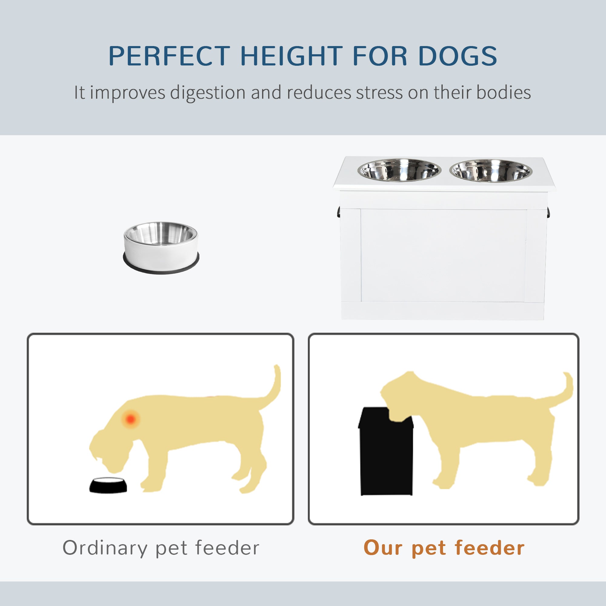 Raised Pet Feeding Storage Station with 2 Stainless Steel Bowls Base for Large Dogs and Other Large Pets, White - 5 - CJ