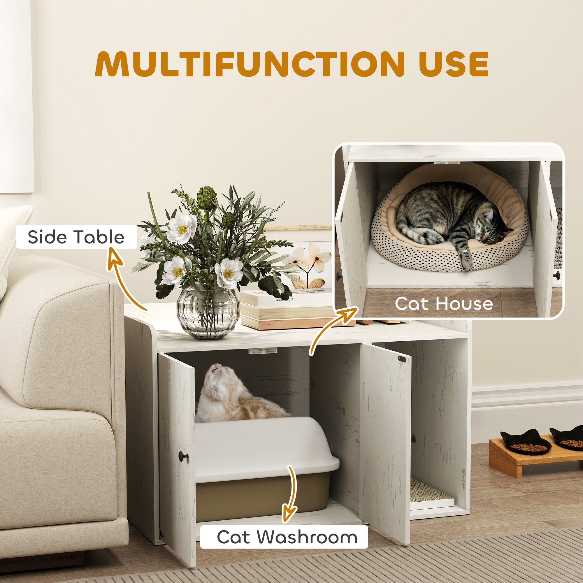 32 Cat Litter Box Enclosure With Scratching Mat, Cat Entrance, Fit Most Of Cat And Litter Box, Distressed White - 5 - CJ
