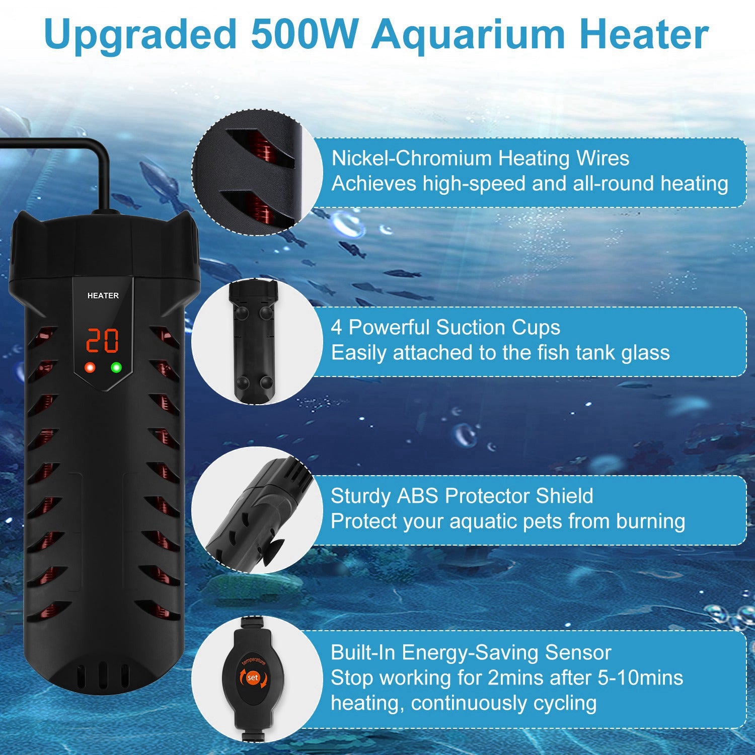 500W Submersible Aquarium Heater Temperature Adjustable External Controller 79Gal Fish Tank Heater Aquarium Thermostat Heater For Freshwater Saltwater - 5 - CJ