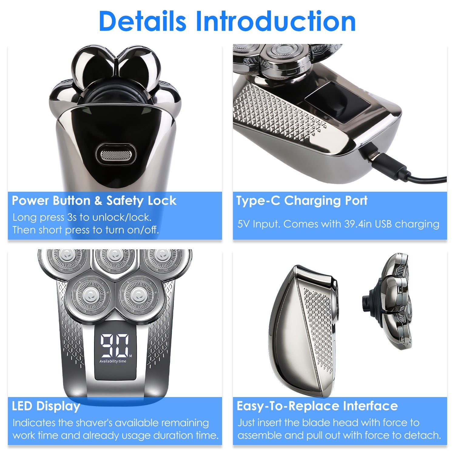 1Pc Head Shavers For Bald Men 5 In 1 7D Electric Rotary Razor Rechargeable Cordless Head Beard Trimmer Shaver Kit IPX6 Waterproof Dry Wet Grooming Kit With 3 Combs - 5 - CJ