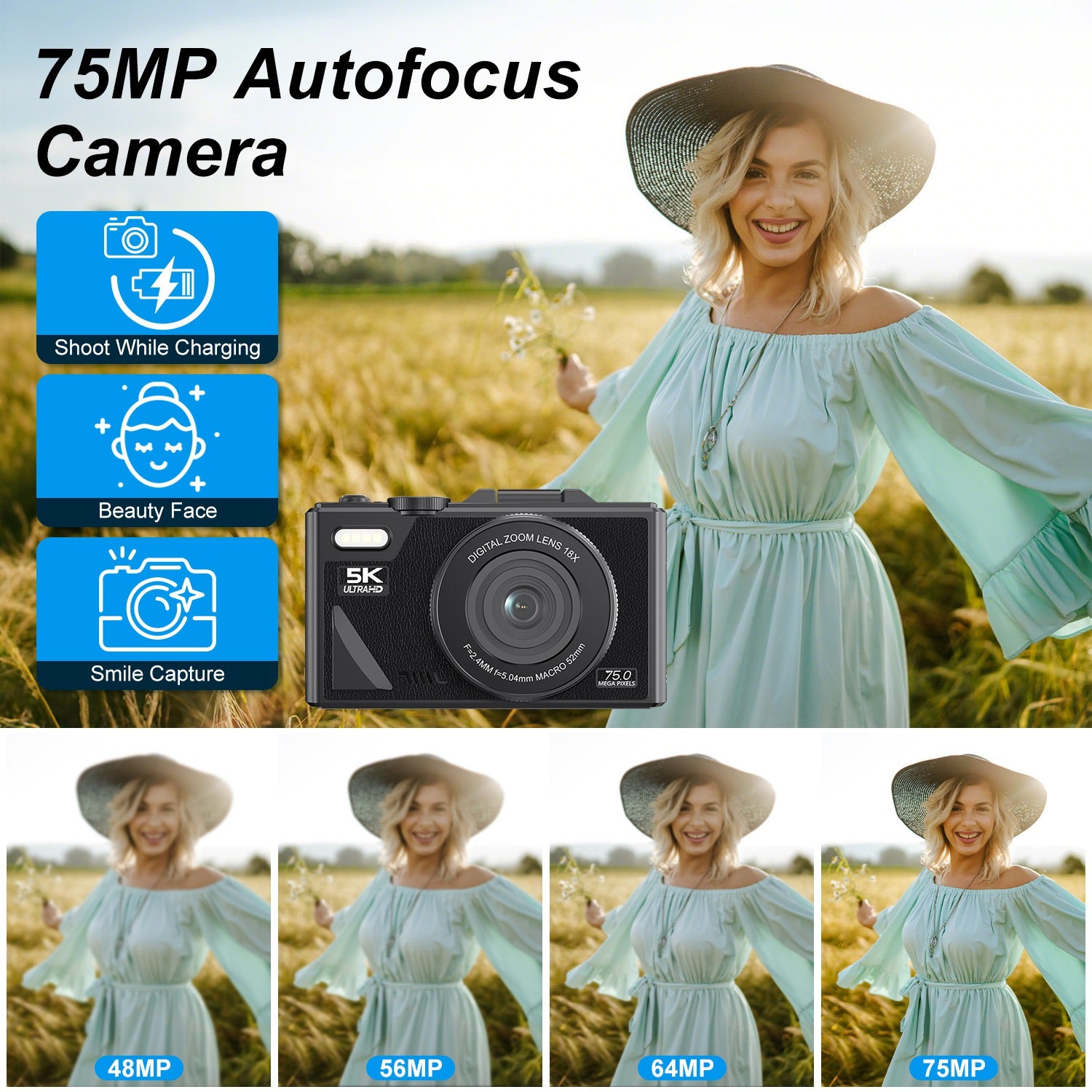 1Pc 5K 75MP Digital Camera For Photography Anti Shake WiFi Vlogging Video Camera With 9 Shooting Modes 18X Zoom Fill Light Webcam Function 2 Batteries 32G MMC Card 180Degree Flip IPS Screen - 5 - CJ