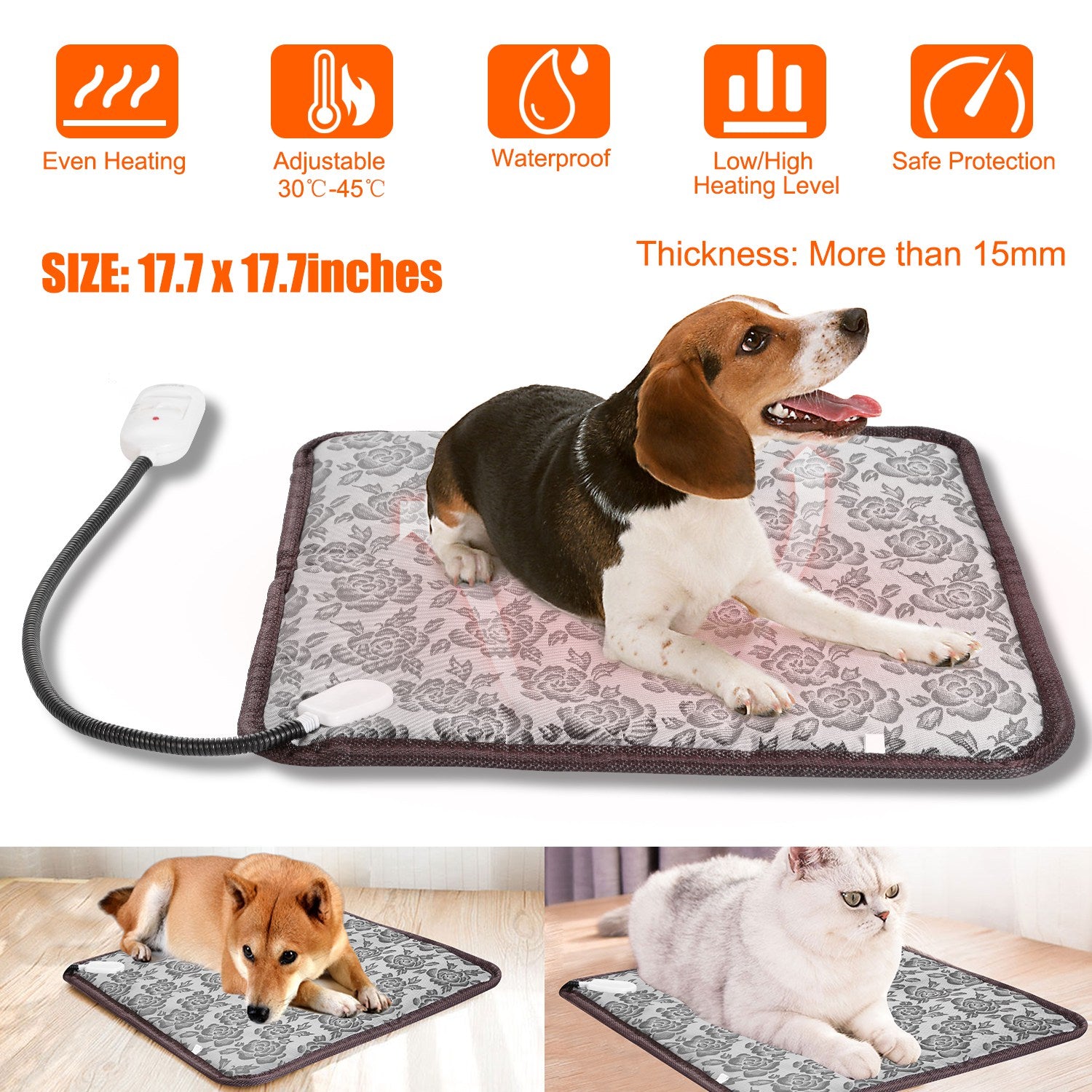 1Pc Pet Heating Pad Dog Cat Electric Heating Mat Waterproof Adjustable Warming Blanket With Chew Resistant Steel Cord Case - 5 - CJ