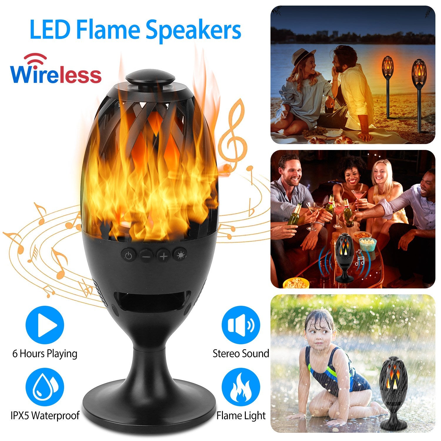 1Pc LED Flame Speakers Torch Wireless Speaker Waterproof Stereo Bass Speaker Outdoor Light - Up Speaker Atmosphere LED Flickers Night Light Patio Stake Lights Lantern For Party Camping - 5 - CJ