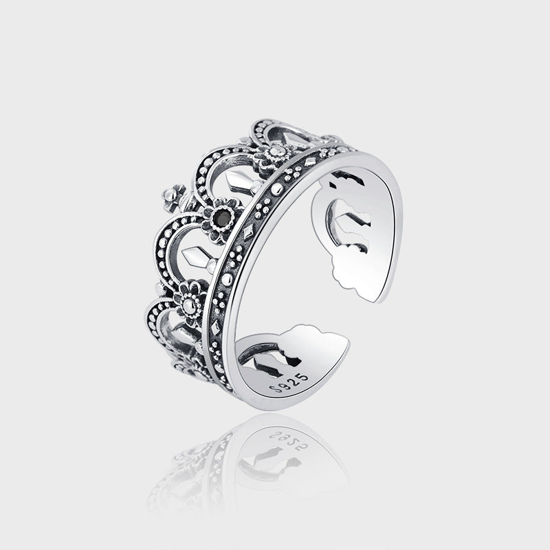 925 Sterling Silver Used Heavy Industry Crown Opening Ring Female Thai Silver Retro - 4 - https://x.com/titan_prim62775J
