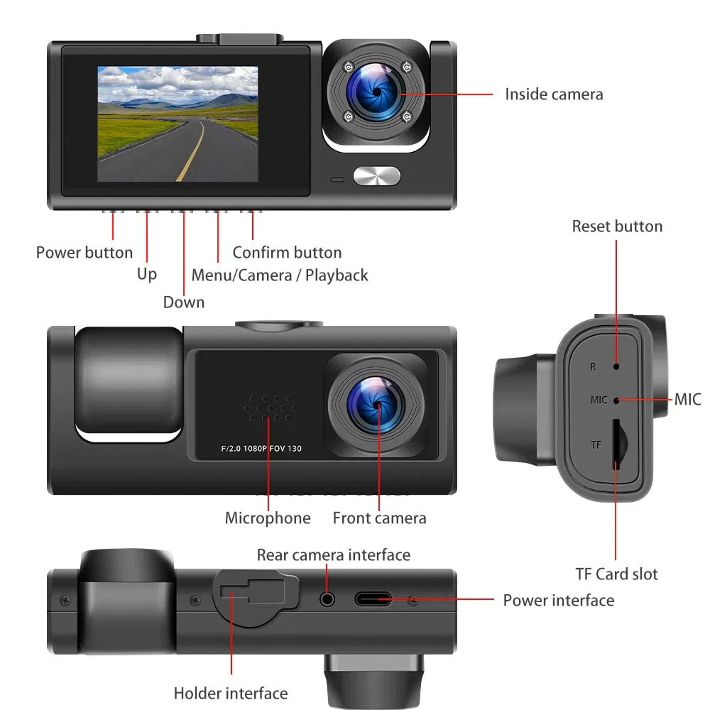 Car Dual Lens Dash Cam HD 1080P Front Rear Inside Video Recorder Camera G - Sensor - 5 - CJ