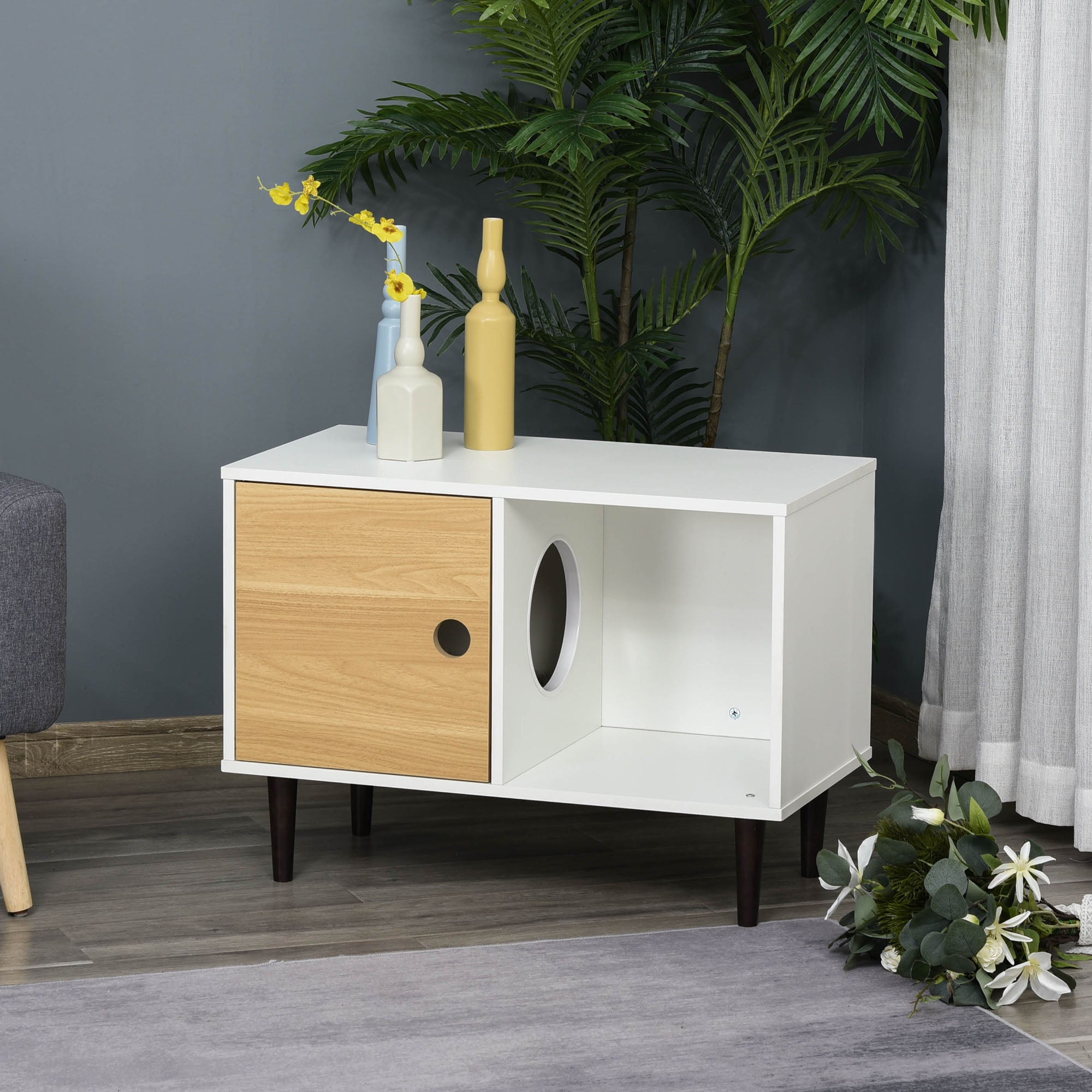 Wooden Cat House with Soft Cushion, Decorative Kitten Condo Side Table, Elevated Pet House with Storage Space - 5 - CJ