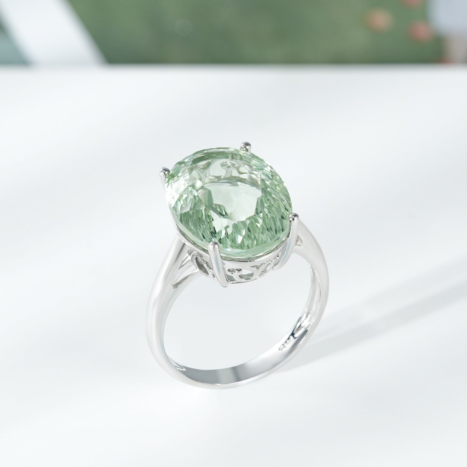 Luxury Retro 925 Sterling Silver Ring Large Grain Natural Green Amethyst Gemstone Inlaid Ring - 4 - CJ