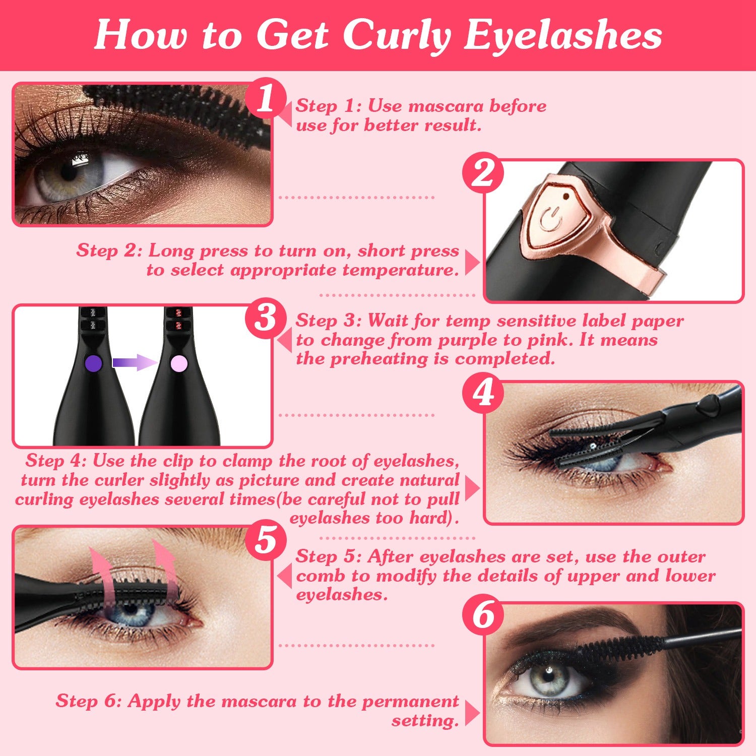 1Pc 2 In 1 Clip Comb Heated Eyelash Curler Electric Mini Lash Curler Natural Eye Lash Makeup Tool With 3 Temp Settings 15Mins Shutdown - 5 - CJ