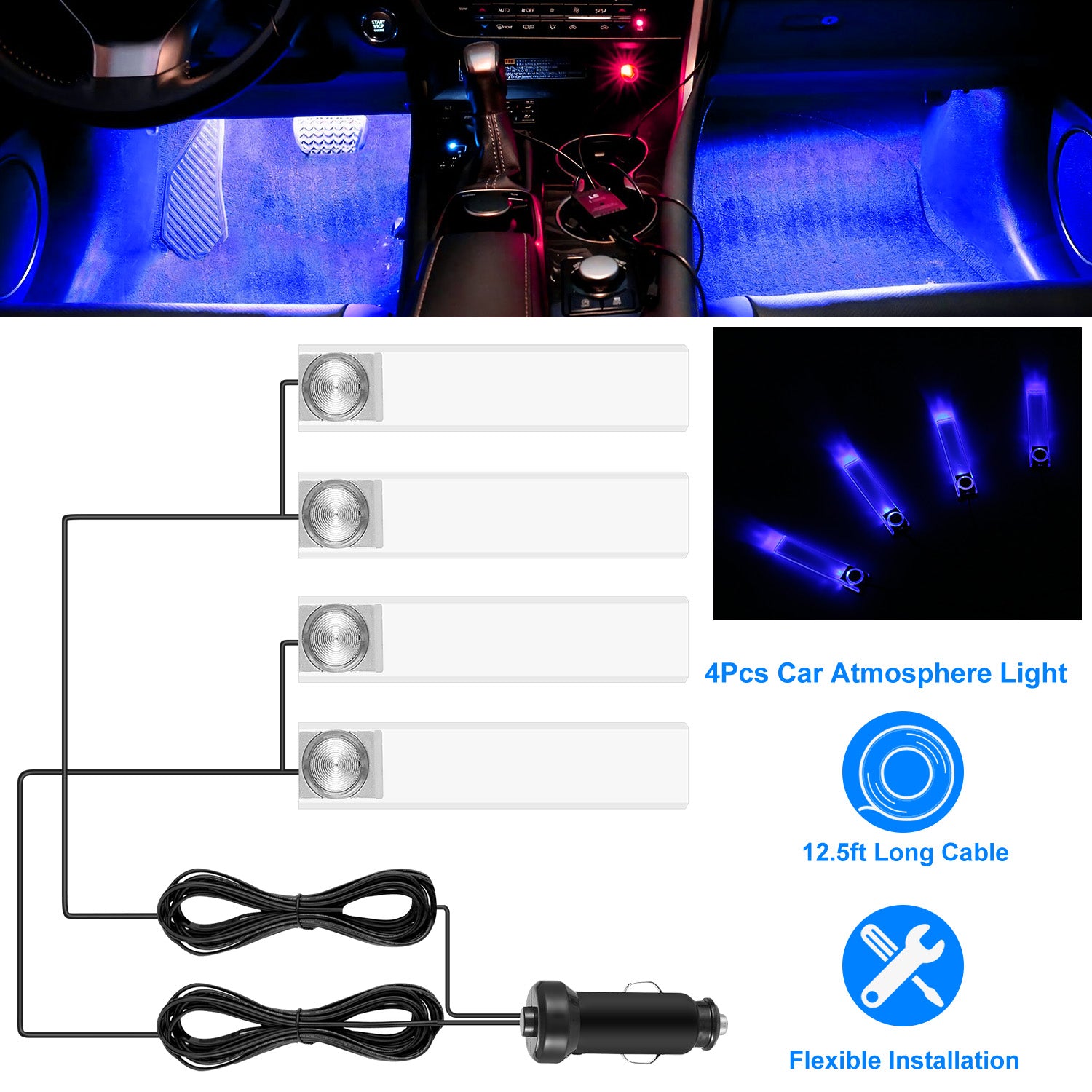 4Pcs Car Interior LED Atmosphere Light Car Charge Decorative Lamp DC 12V Blue Light - 5 - CJ