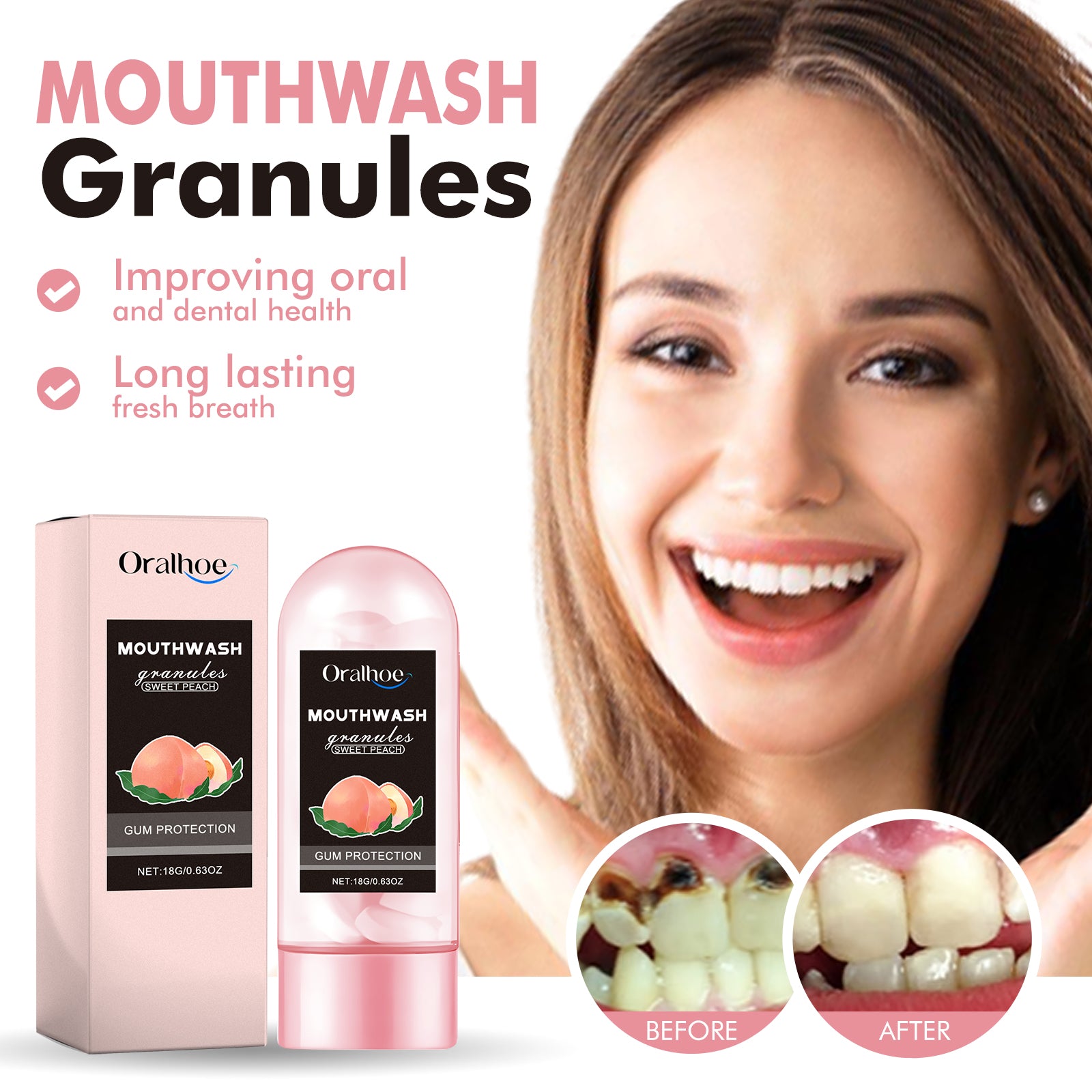 Oralhoe Peach Flavor Teeth Cleaning Mouthwash Pellets Breath Long Lasting Fragrance Clean Gums Portable Mouthwash Pellets - 5 - CJ
