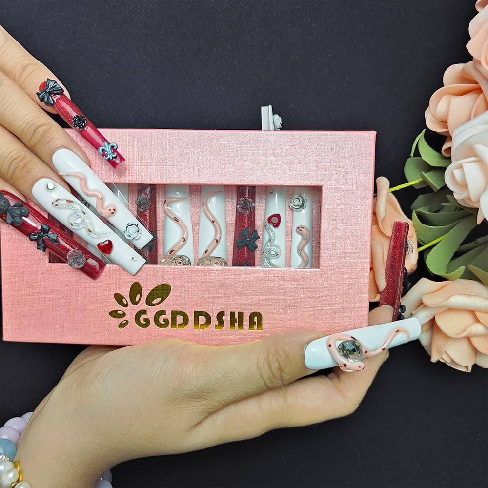 GGddsha Long Handmade PMMA Acrylic Press On Nails WithRhinestone Snake Rose Design, Dark Bear Nails,Reusable Fake Nails W Box, Gift For Women,Scarlet Serpentine - 5 - CJ