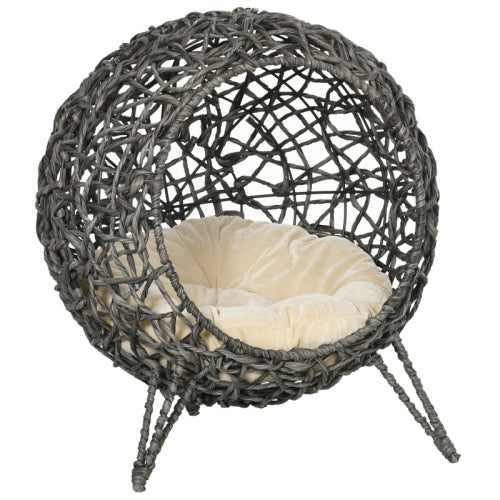 PawHut Rattan Elevated Cat Bed House Kitten Basket Ball Shaped Pet Furniture W Removable Cushion - Silver - Tone And Grey - 5 - cjdroshippping