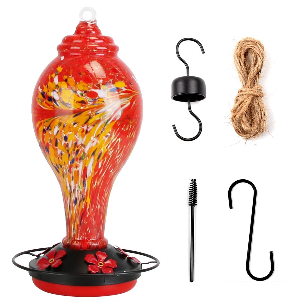 Glass Hummingbird Feeder 33OZ Hand Blown Hummingbird Feeder With 5 Flower Feeding Port Perch Ant Moat Hanging Hook S Hook Hemp Rope Cleaning Brush For Garden Backyard Decor - 5 - CJ