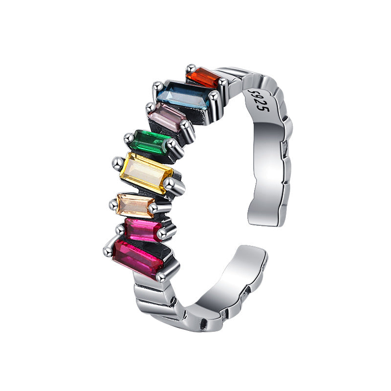 S925 Sterling Silver Colorful Ladder Zircon Ring Women's Irregular Inlay Women's - 4 - CJ