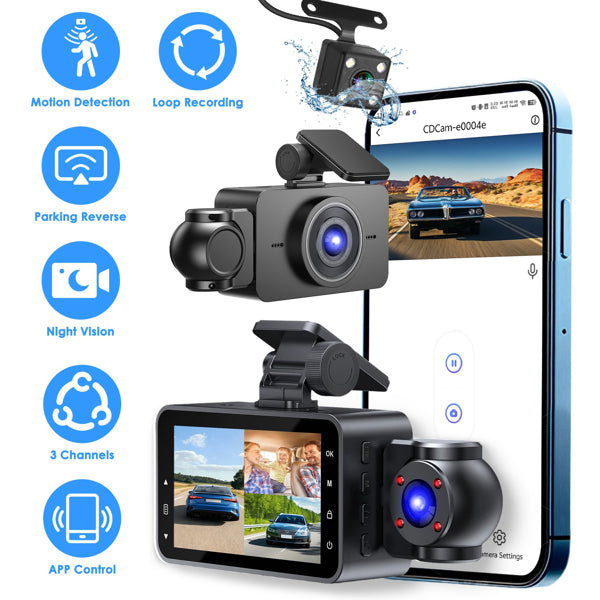 3 Channel Dash Cam For Cars, 1080P Full HD Front Camera (140° Wide View) With 480P Interior & Rear Cameras, 360° Vehicle Protection, Picture - in - Picture Display For Collision Evidence - 5 - CJ