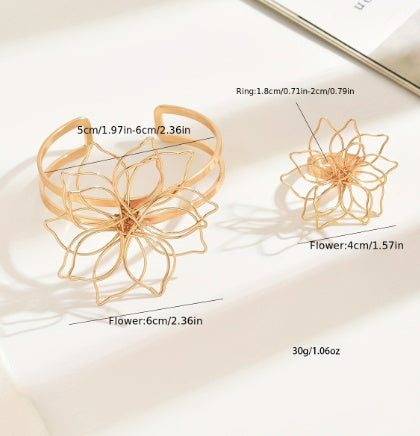 Lxalry Fashion Women's Jewelry Set, Elegant Geometric Lattice Flower Ring, Double - Layer Smooth Open Adjustable Bracelet With Inlaid Lattice Line Flower Bracelet, Suitable For Everyday, Wedding Party - 5 - CJ