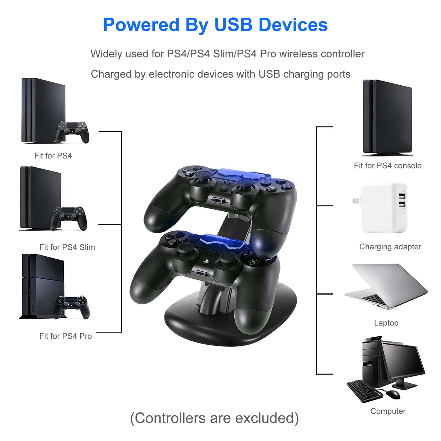 Charging Dock Station Dual Micro USB Charger Stand For PS4 Pro - PS4 Slim Gamepad Controller Handle Charging Station With Blue Indicator Game Lovers - 5 - CJ