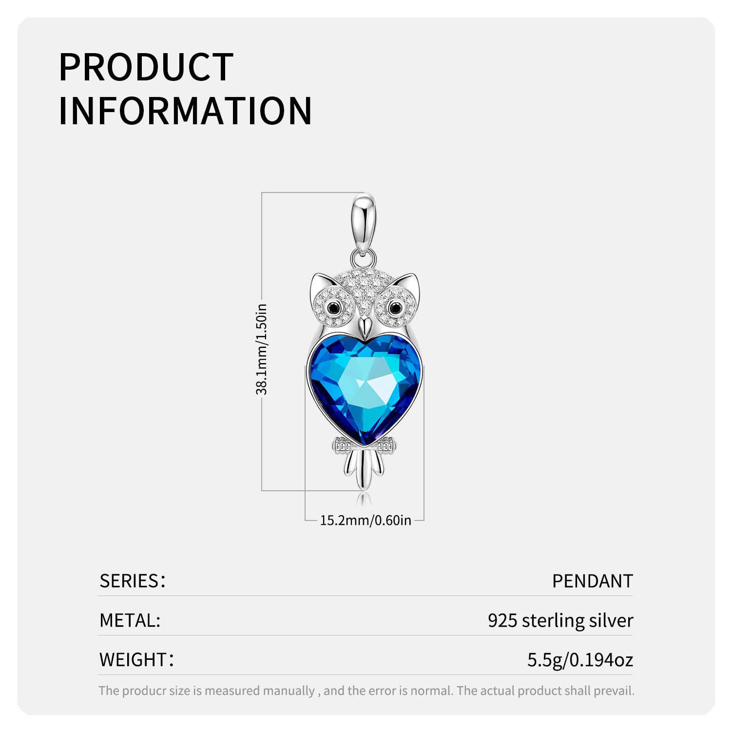 Owl S925 Silver Blue Crystal Necklace Pendant With Love - 4 - CJ