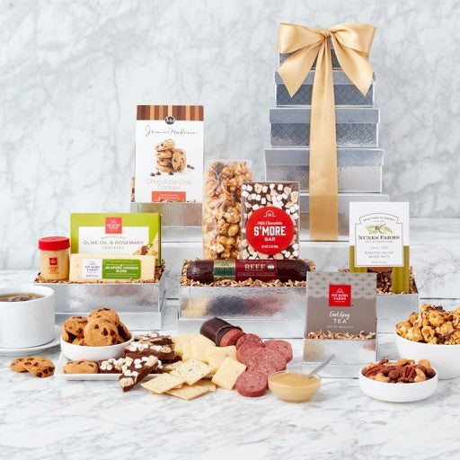Shimmering Surprise: Gourmet Gift Tower - GreatArrivals