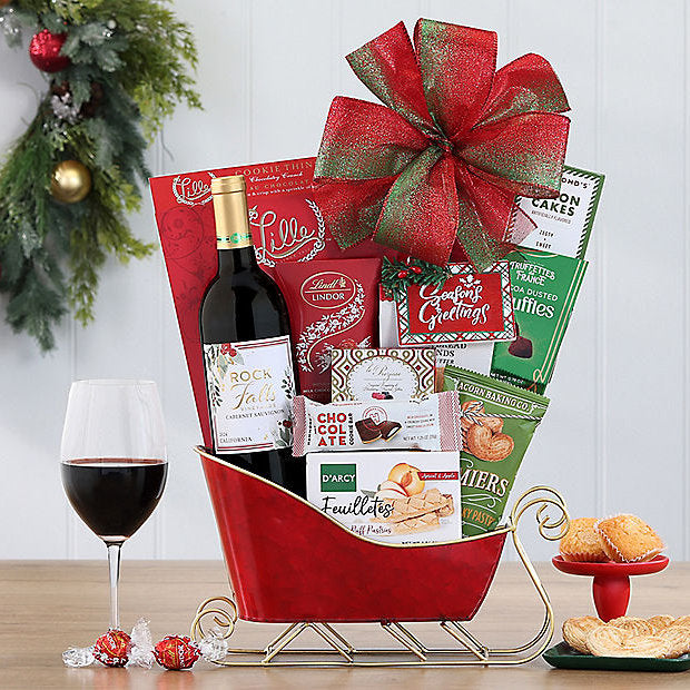 Rock Falls Cabernet: Holiday Sleigh Basket - GreatArrivals
