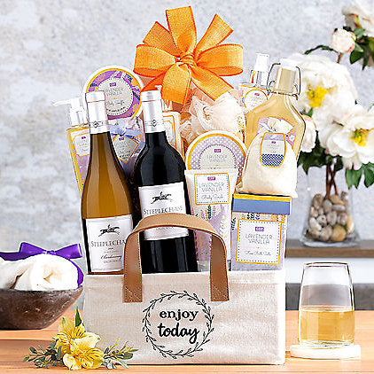 Steeplechase Vineyards Spa Duet: Lavender Vanilla Spa & Wine Gift Basket - GreatArrivals