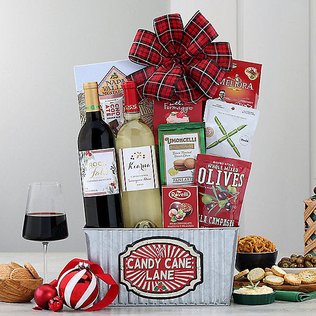 Candy Cane Lane Duet: Gourmet Wine Basket - GreatArrivals