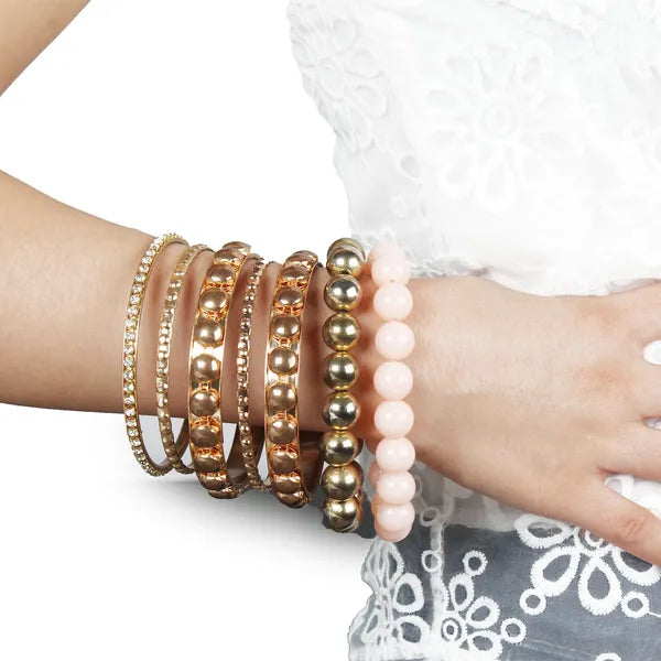 7 - Piece Retro Burnished Gold Inlaid Rhinestones Bangle Bracelet Set - 5 - CJ