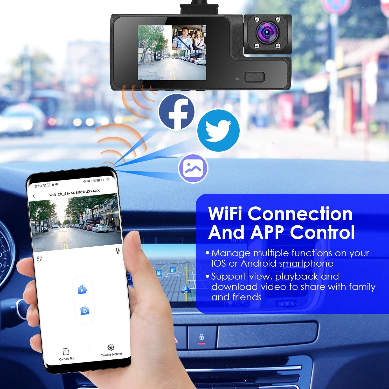 1Pc WiFi FHD 1080P Car Dash Cam 3 Channels Front Rear Inside Dash Camera With Loop Recording Reversing Visual 170 Degree Wide Angle 64G Card Included - 5.0 - cjdropshipping