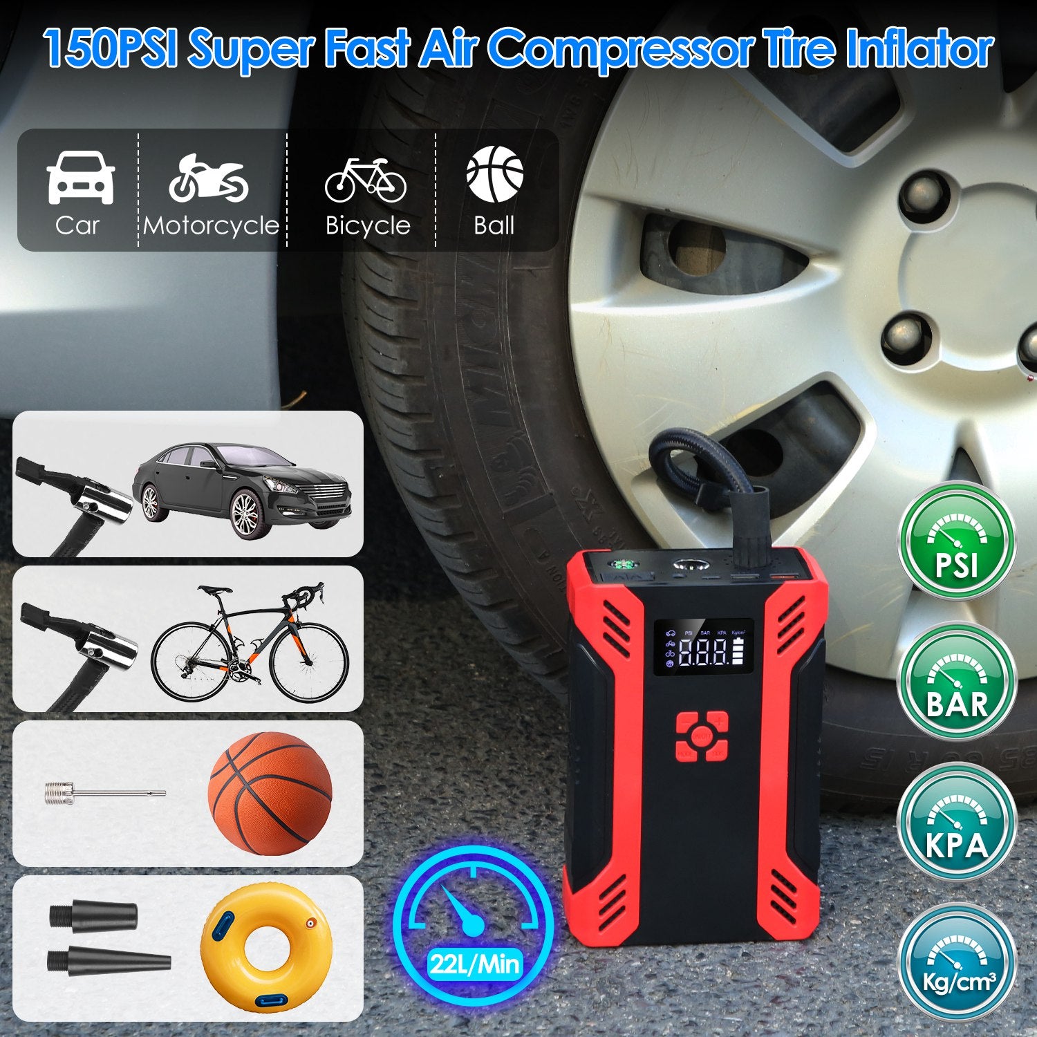1Pc Car Jump Starter With Air Compressor Portable Car Battery Booster With Digital Tire Inflator With 2000mAh Peak Current For 12V Car 6.5L Gas Or 4.0L Diesel Engines - 5 - cjdropshipping