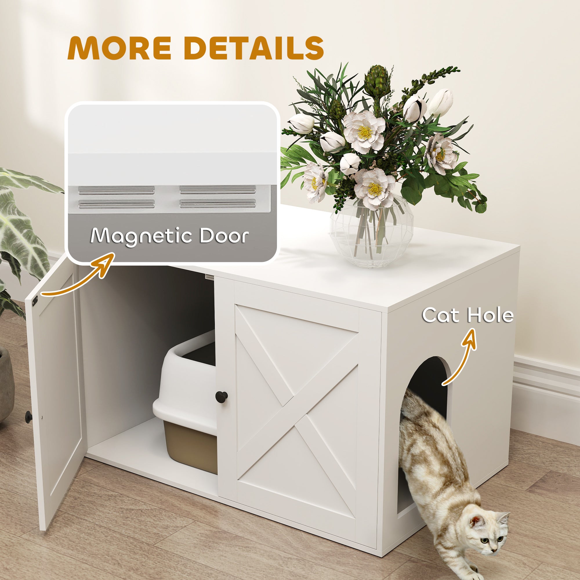 Cat Litter Box Enclosure with Barn Door, Cat Hole, 31.5" x 21" x 20", White - 5 - CJ