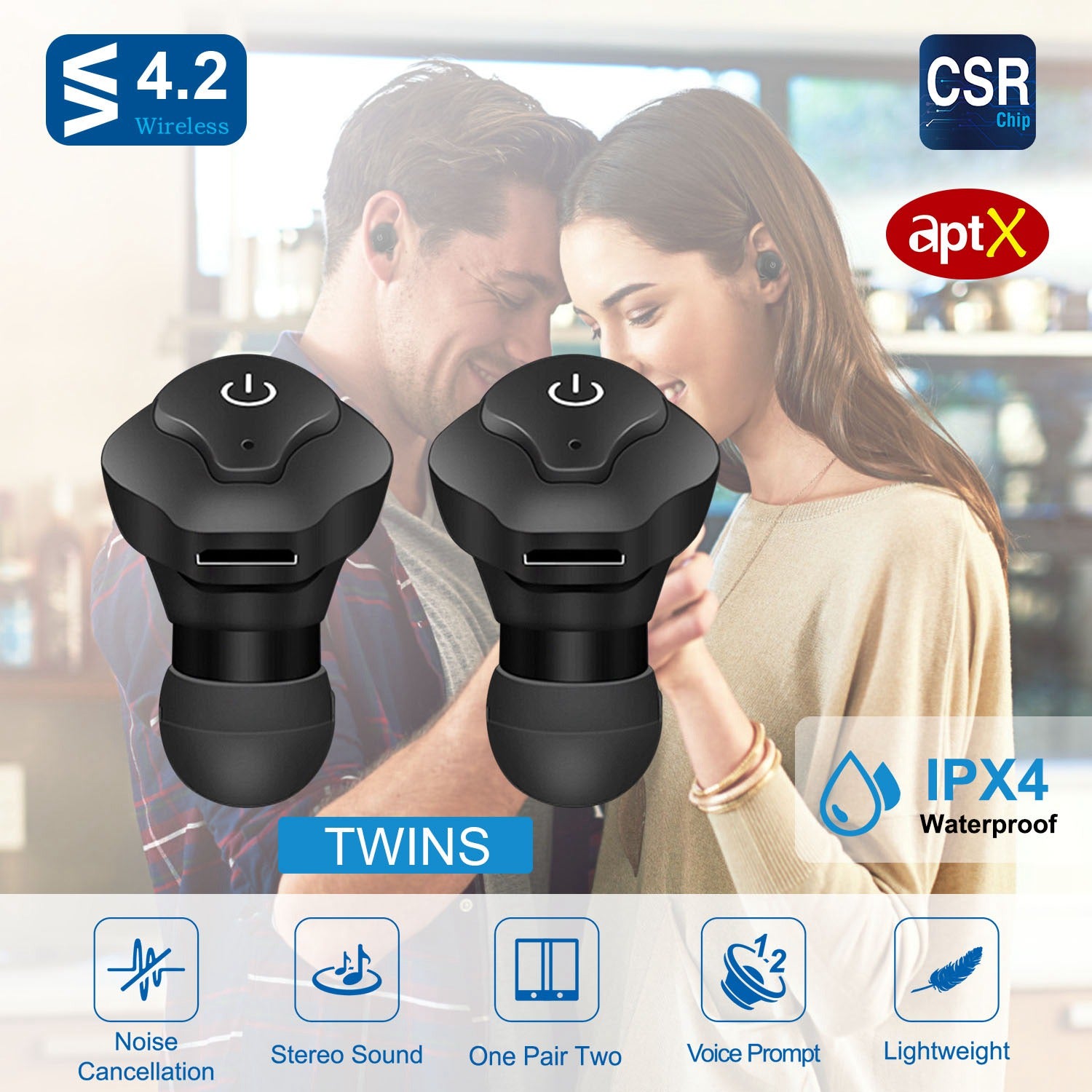 1 Pair True Wireless Earbuds CSR V4.2 In - ear Stereo Headsets IP44 Waterproof Apt - X TWS Headphones Noise Cancelling With Mic For Business Driving Walking - 5 - CJ