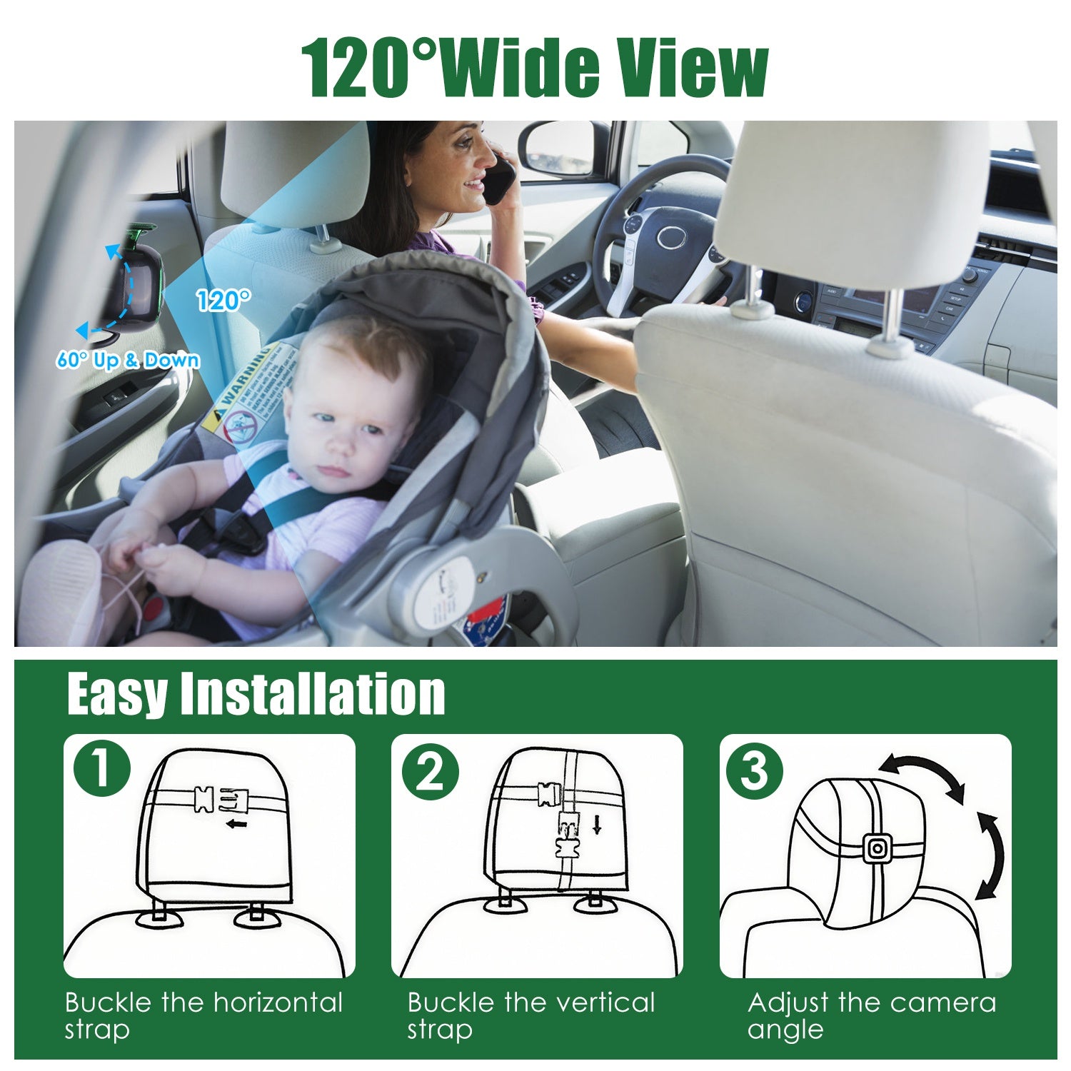 1Pc 1080P Baby Car Camera For 2 Kids Dual Channel Car Baby Monitor Rear Facing Car Seat Camera With 120Degree Wide View 6.86In HD Split Screen Night Vision - 5 - cjdropshipping