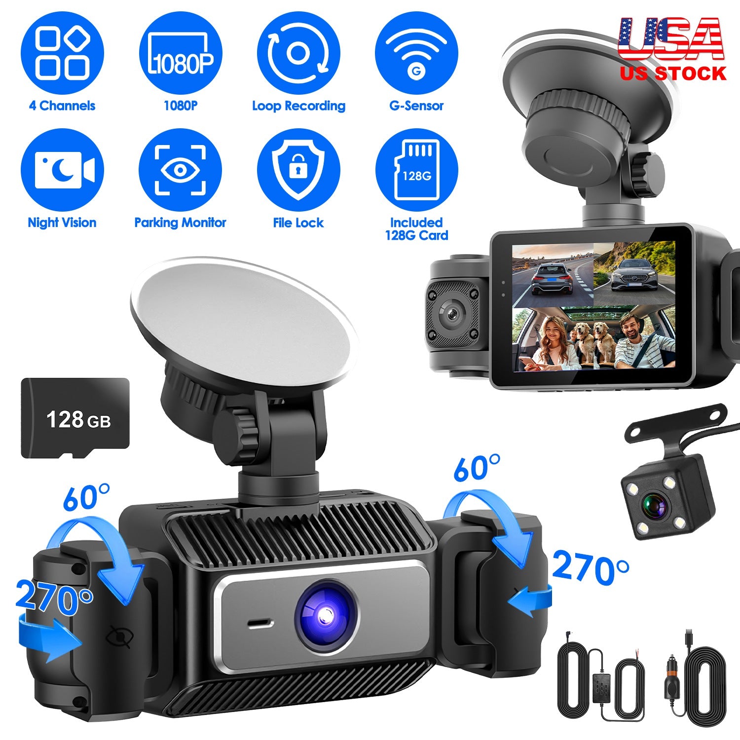 4 Channel Car Dash Cam With 128G MMC Card 1080P Front 720P Left Right 480P Rear G - Sensor Parking Monitor Loop Recording Night Vision 360 Degree Surveillance Car Camera - 5.0 - cjdropshipping