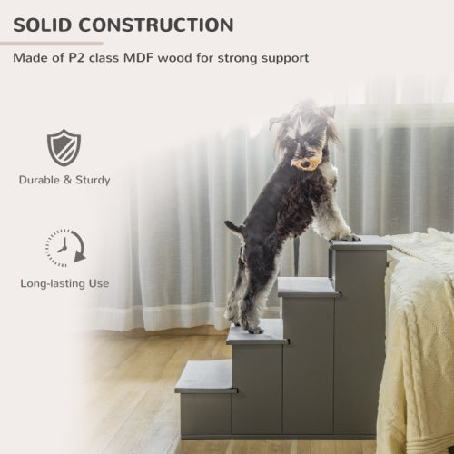 PawHut 4 Step Wooden Dog Steps Pet Stairs For Dogs, Cat Ladder For Bed Couch With Non - Slip Carpet 40 X 59 X 54.2 Cm, Grey - 5 - CJ