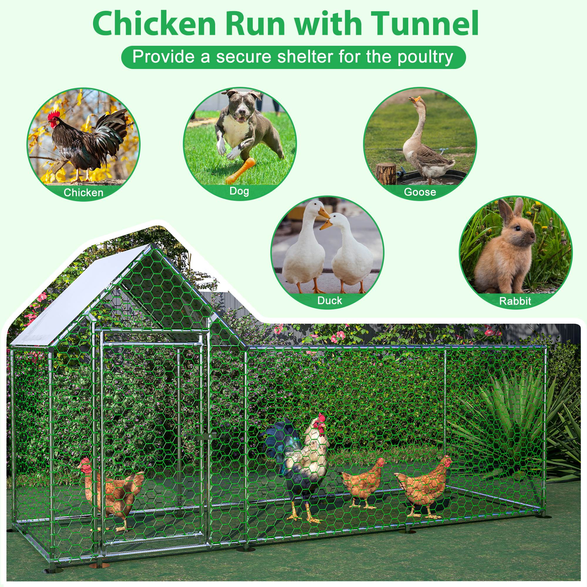 Metal Chicken Coop,Walk - in Chicken Run,Poultry Chicken Hen Pen Cage,Rabbits Duck Cages,With Cover - 5 - CJ