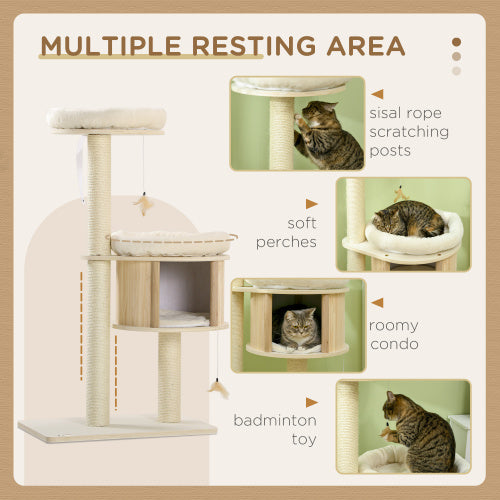 PawHut 3 Level Cat Tree With Sisal Scratching Posts Cat Badminton Toy For Playing Soft Cushions Play Areas - 5 - CJ