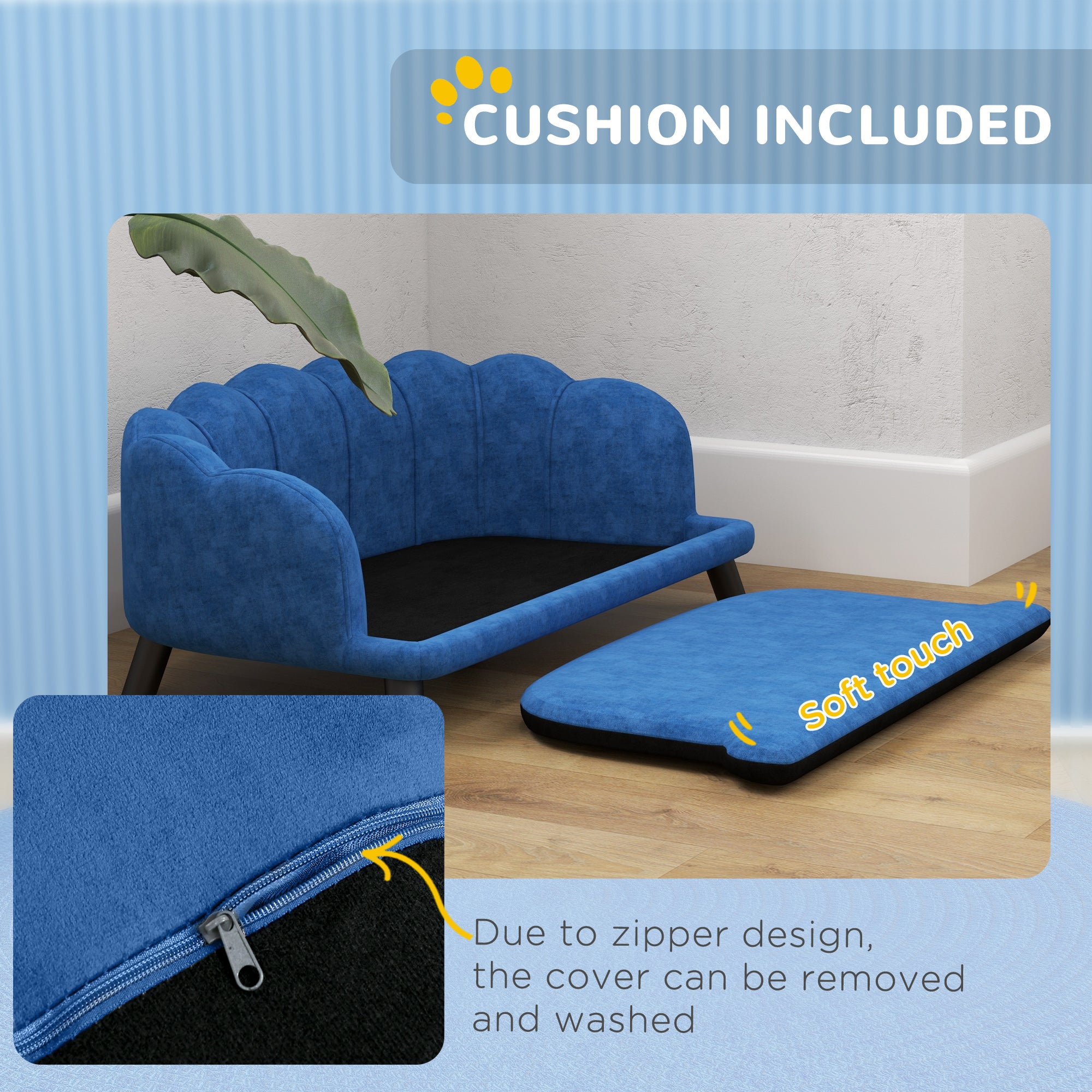Pearl Design Pet Sofa for Medium and Large Sized Dogs, Pet Bed with Cushion and Solid Wood Legs, Dark Blue - 5 - CJ