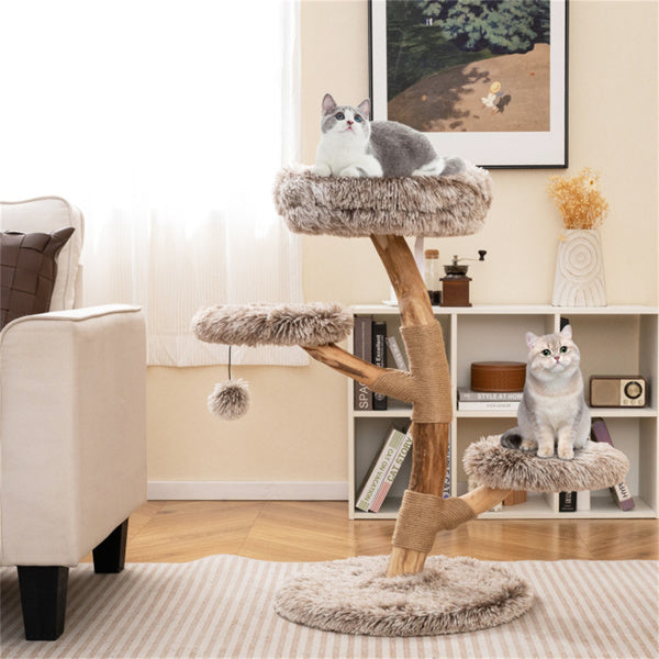 Multi - level Natural Pear Wood Cat Tree, Sisal Scratching Posts, Plush Balls, Long Plush Fabric - 5 - cjdroshippping
