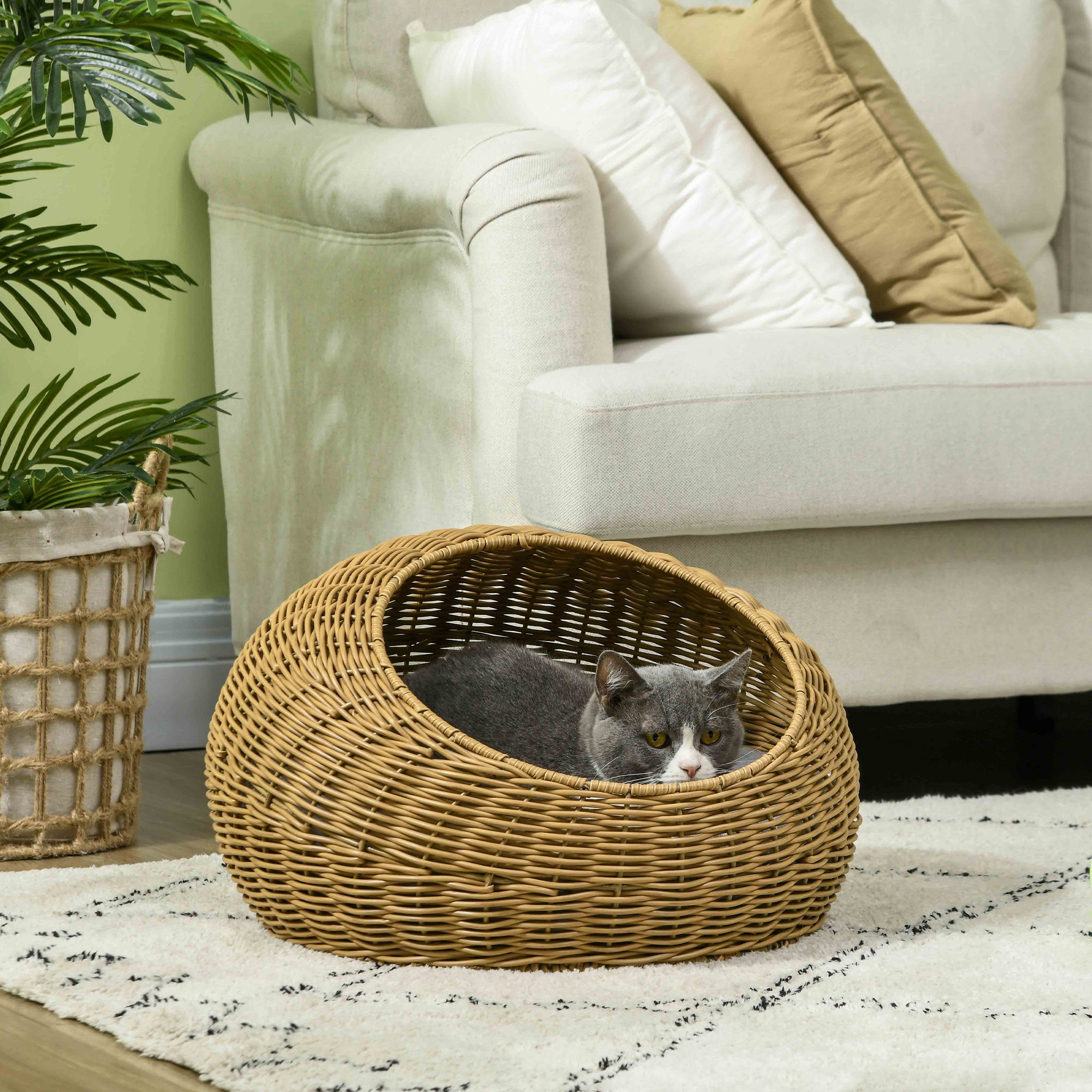 Rattan Cat Bed with Washable Cushion for Cats, Puppies, Light Brown - 5 - CJ