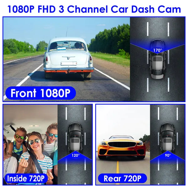 WiFi FHD 1080P Car Dash Cam 3 Channels Front Rear Inside Dash Camera With Loop Recording Reversing Visual 170° Wide Angle 64G Card Included - 5 - CJ