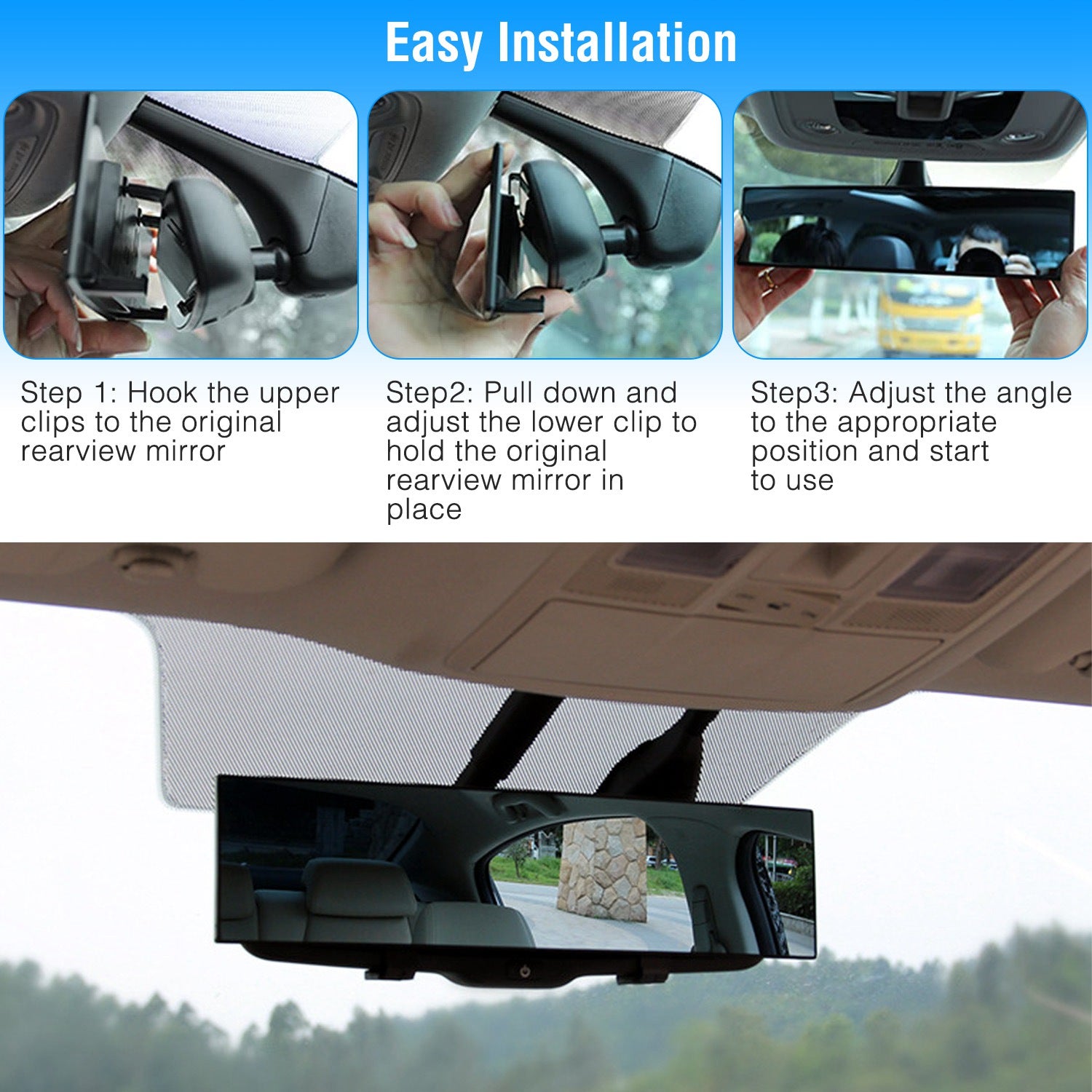 Car Rearview Mirror 11.4in Interior Clip - on Curve Convex Panoramic Anti - glare Rear View Mirrors With Wide Viewing Range For Cars SUVs Trucks Vehicles - 5 - cjdropshipping