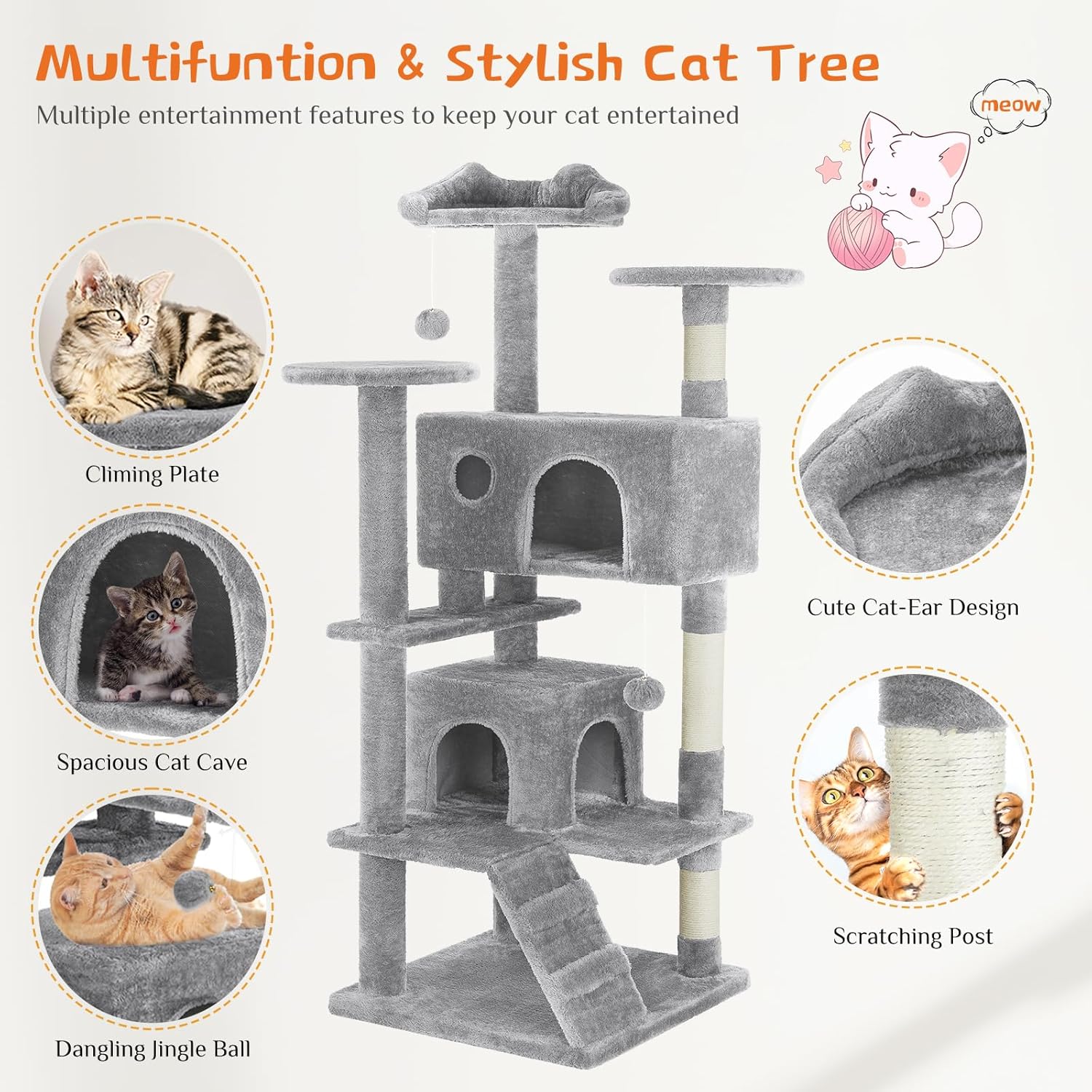 54 - Cat Tree Tower - Multi - level With Sisal Grab Post, Indoor Apartment With Ladder, Plush Toys, Rest And Play - 5 - CJ